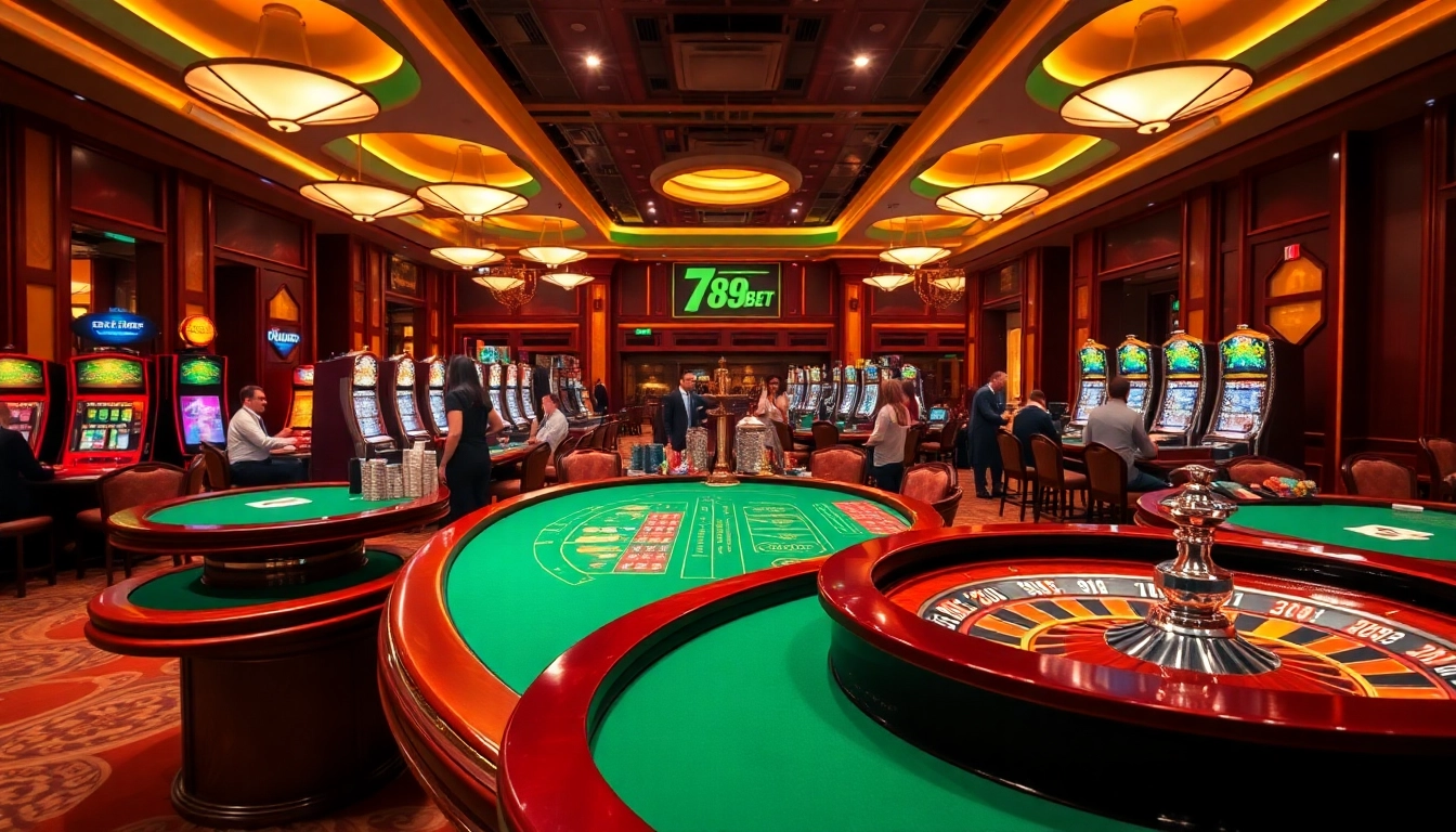 Exciting 789BET casino scene with players at poker and slots, showcasing vibrant gambling atmosphere.