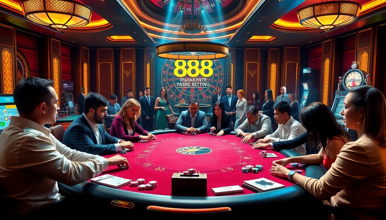 A captivating casino scene illustrating players at a poker table, linked to https://888b.report/ for a thrilling gambling experience.