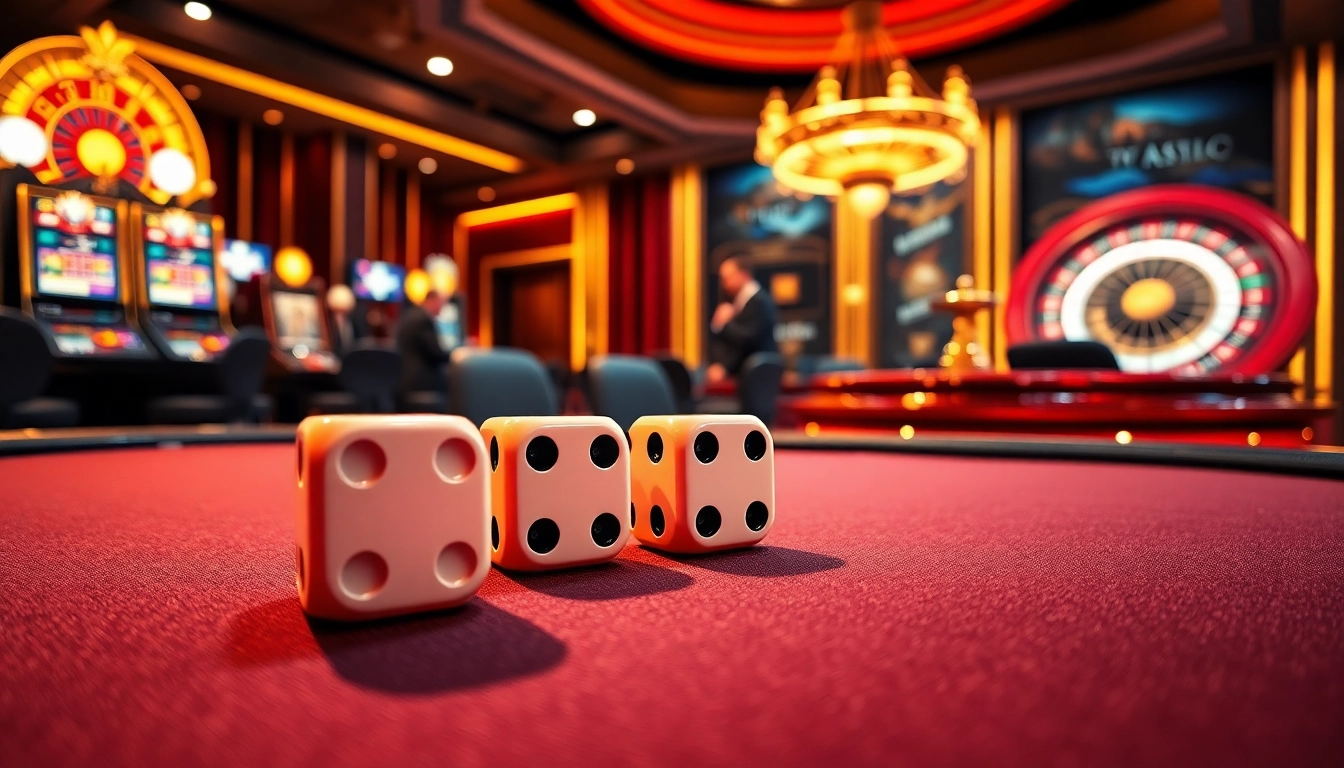 Players enjoying a thrilling tài xỉu MD5 game at a vibrant casino table with dice and poker chips.