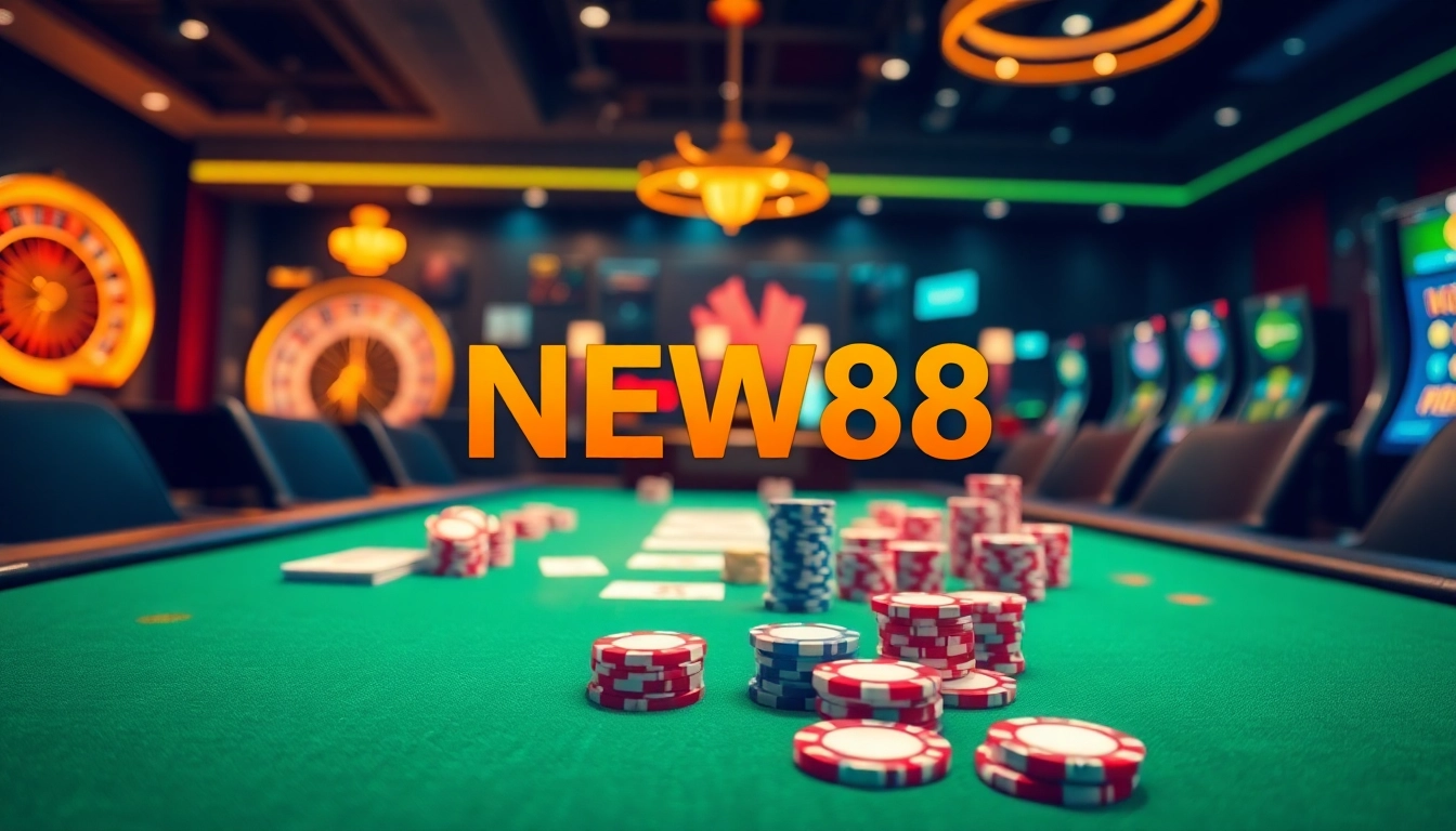 Play exciting poker at NEW88 with vibrant casino elements and luxurious gaming atmosphere.