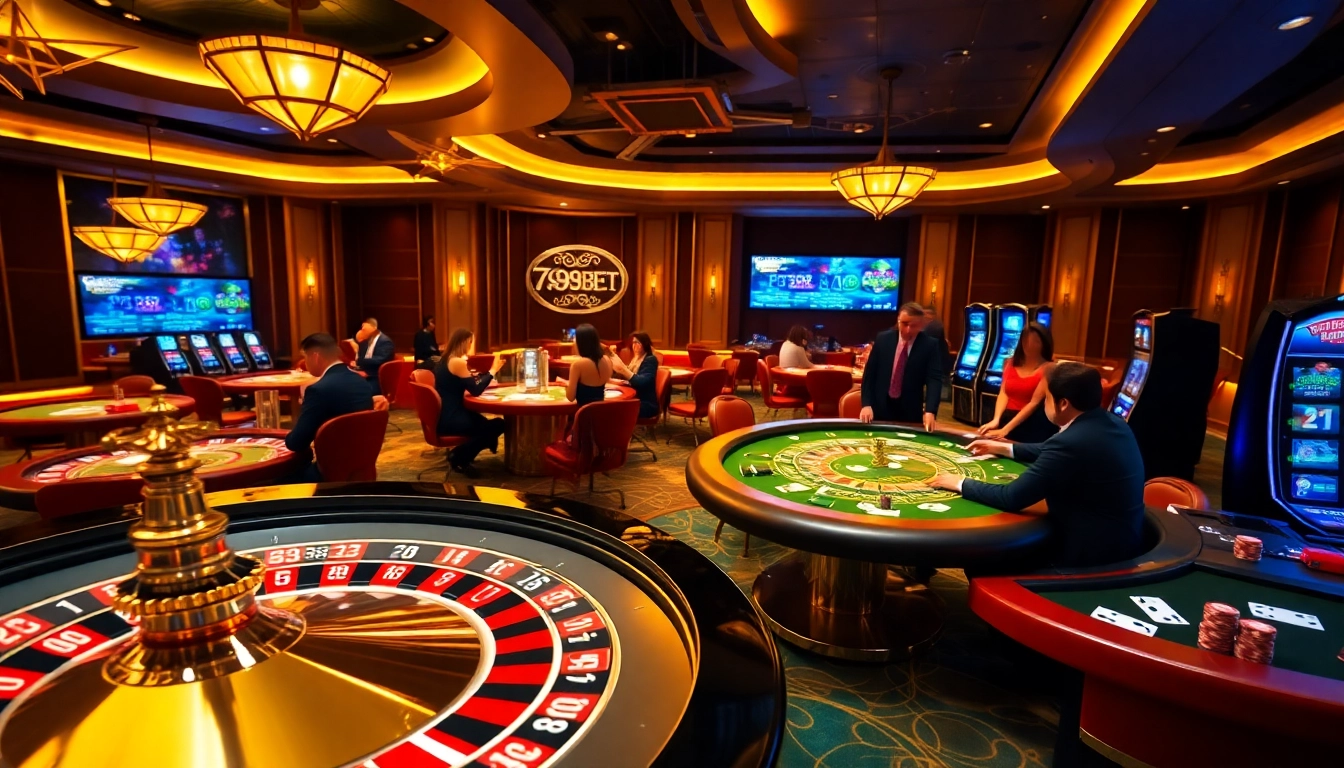 A thrilling casino atmosphere showcasing 789 BET with poker tables, roulette wheels, and excited players.