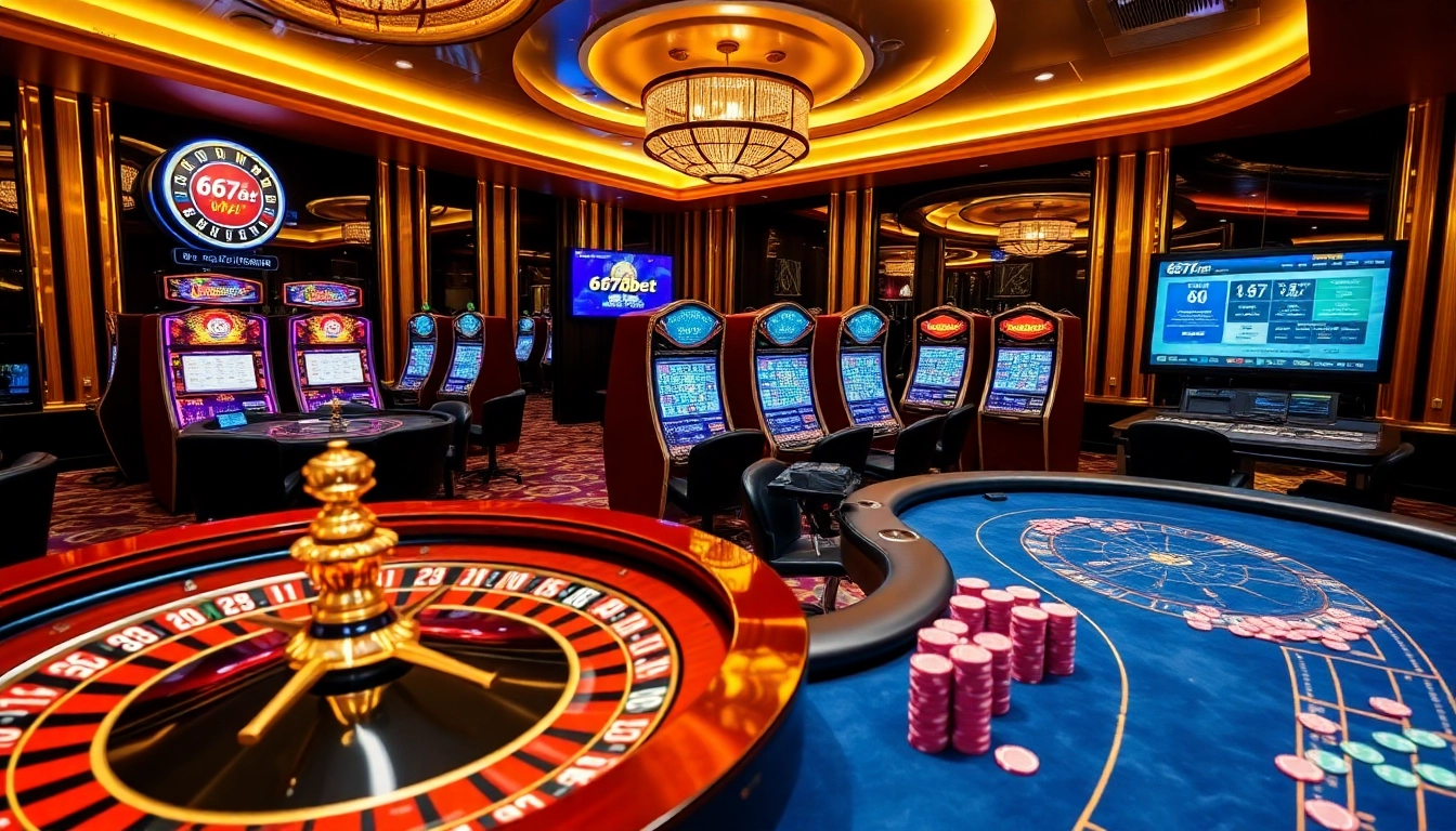 Experience the excitement of online gambling at 667bet with vibrant slot machines and poker tables.
