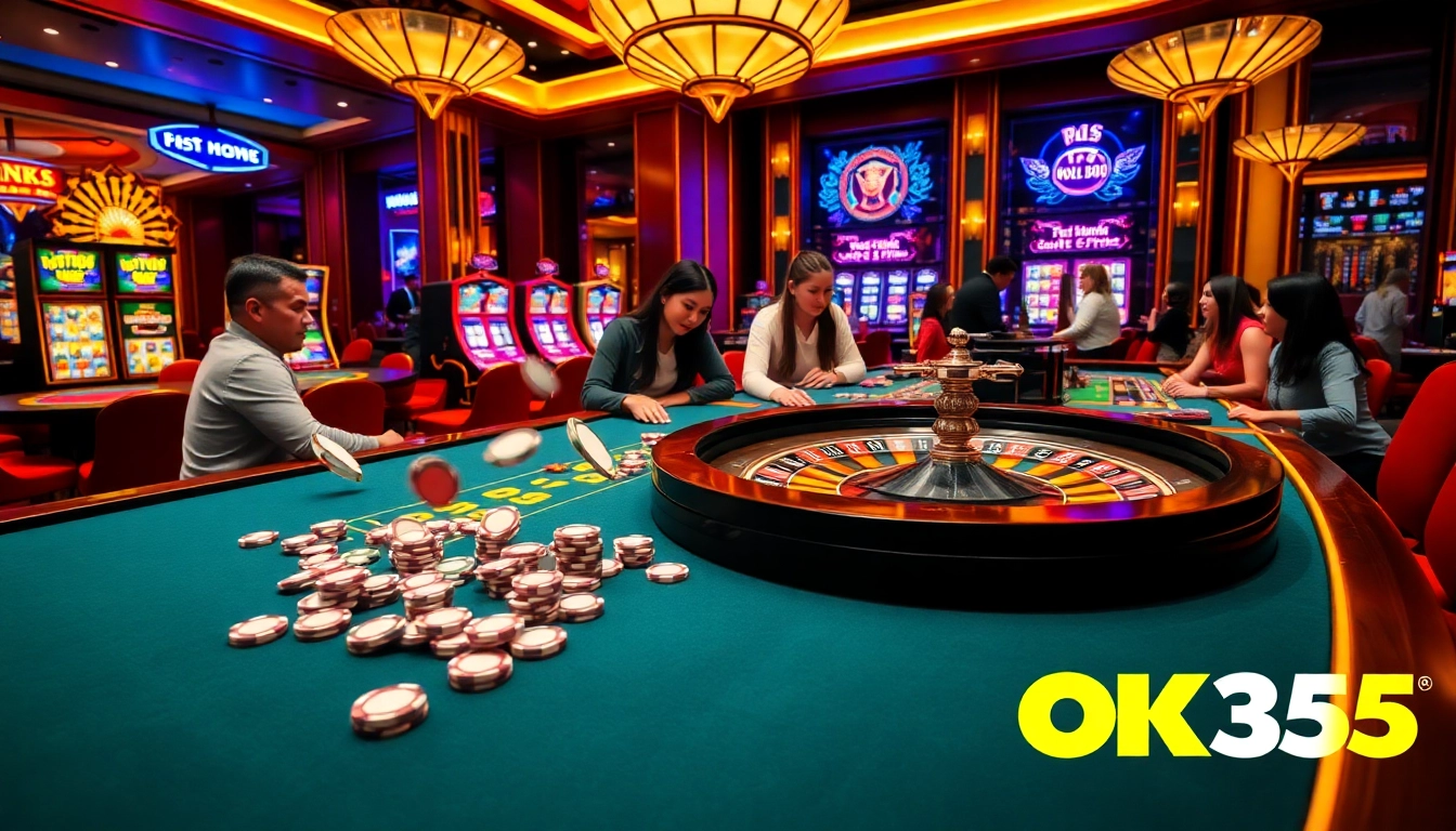Exciting gaming atmosphere at OK365 casino with poker chips and roulette wheel.