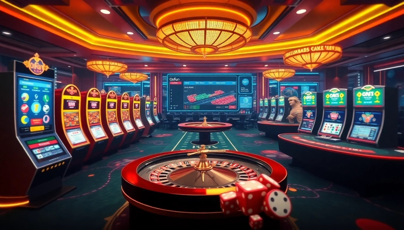 Engage in thrilling gaming experiences at Okfun's online casino platform with vibrant slot machines and roulette wheels.