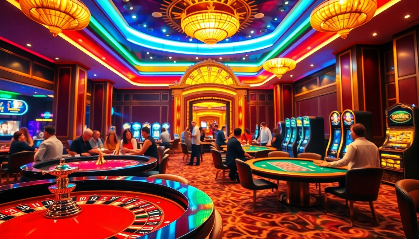 Jouez à des jeux passionnants dans un casino en ligne animé avec des tables de jeux et des machines à sous.