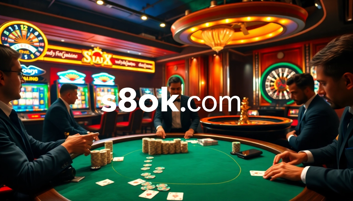The exciting gaming experience at s8ok.com features high-stakes poker and glowing slot machines.