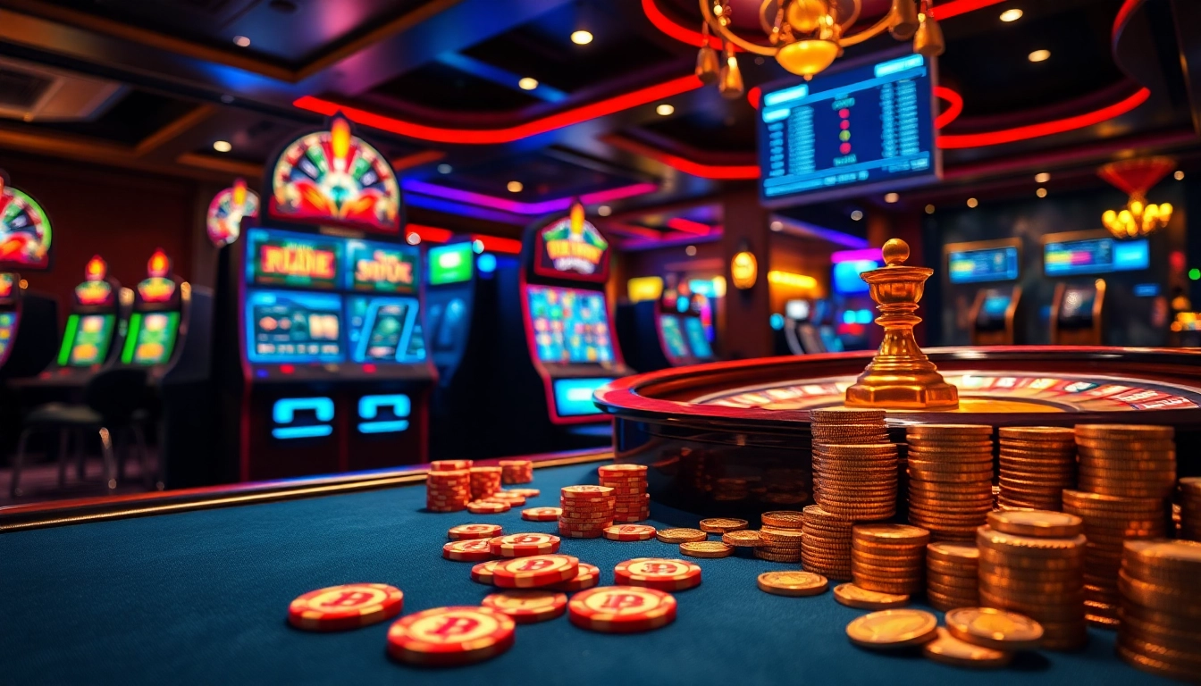 Exciting gaming scene featuring casino crypto en ligne elements like slot machines and poker tables.