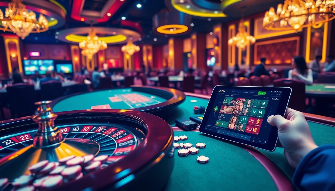 OKKING casino players enjoying high-stakes games with vibrant poker chips and roulette.