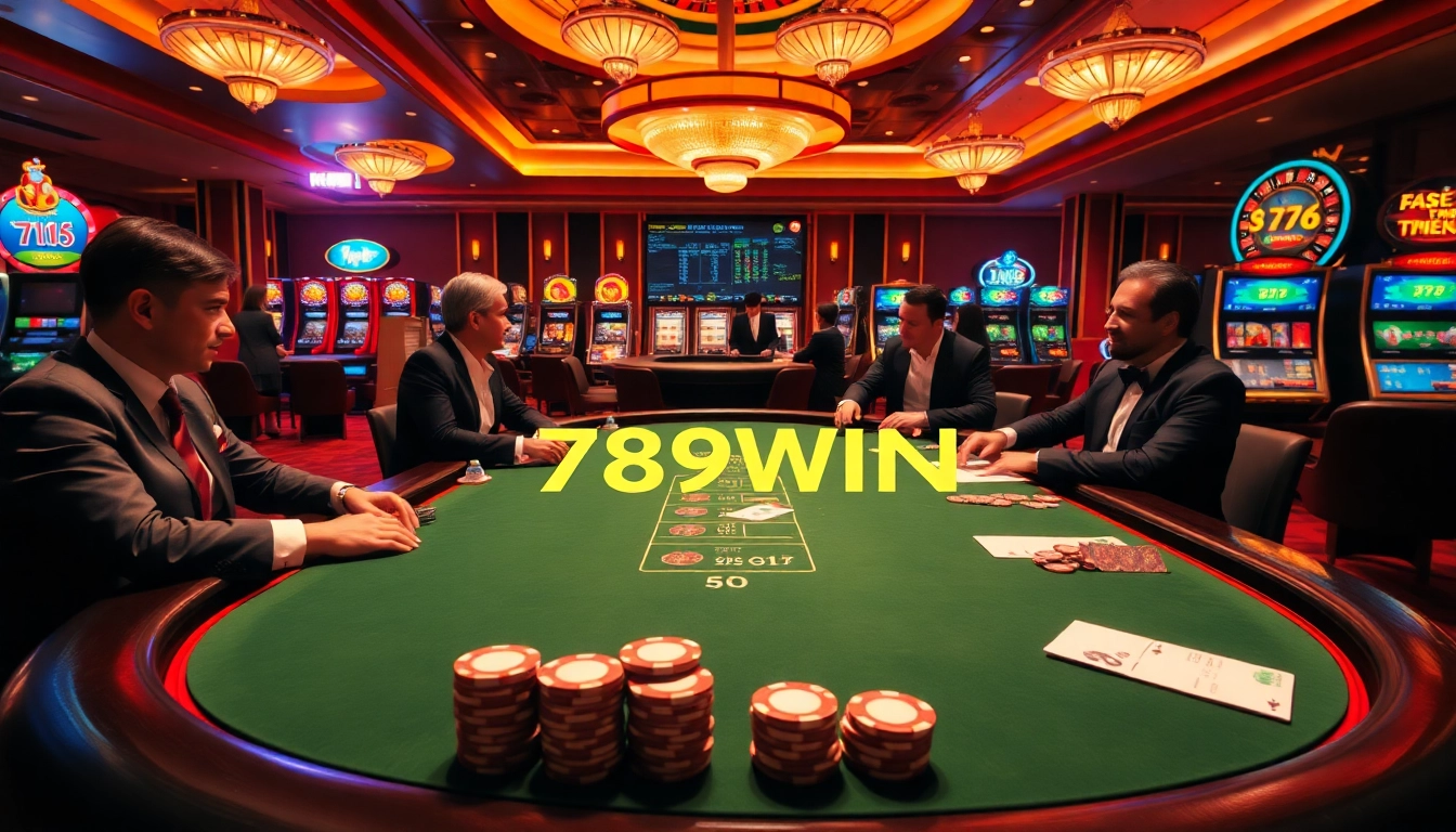 Experience the excitement of 789WIN with players at a luxurious poker table, vibrant casino ambiance.
