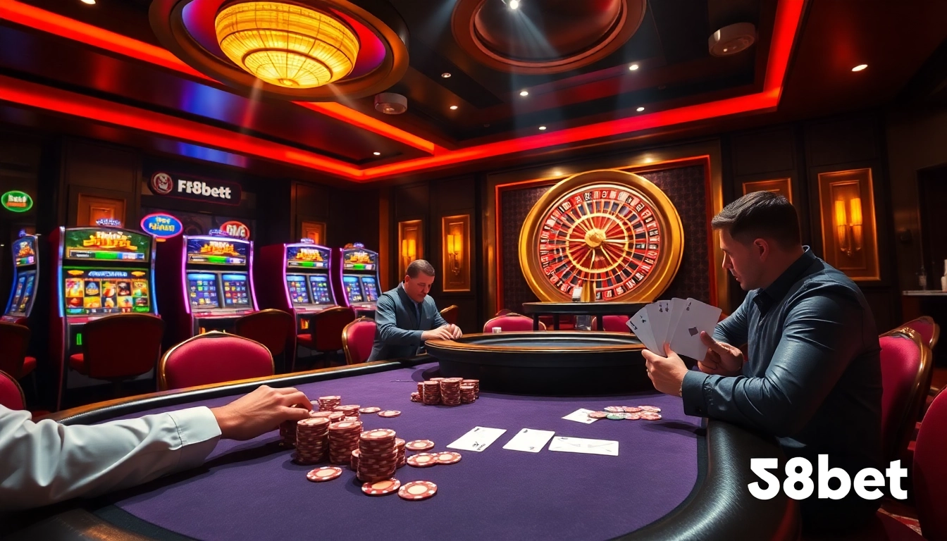 Players at the F8bet poker table enjoying a thrilling game in a luxurious casino atmosphere.