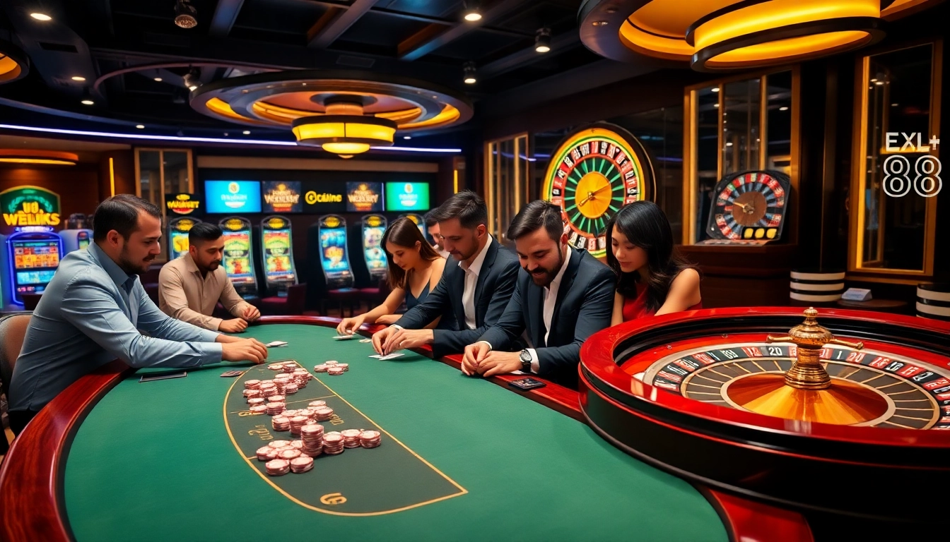 Exciting gamblers engaging at the 88i online casino table with vibrant slot machines.