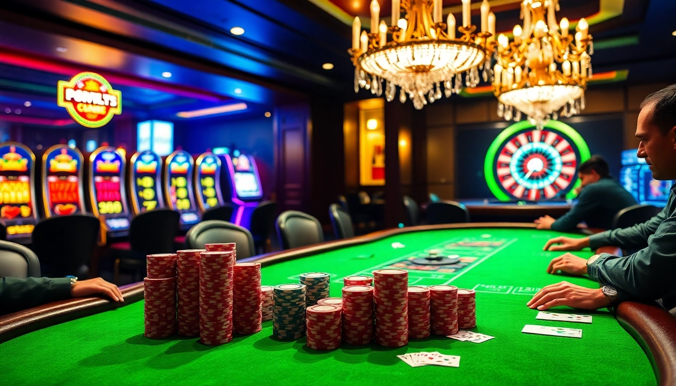 Players engaging around a luxurious poker table at LC 88 casino, showcasing vibrant chips and cards.