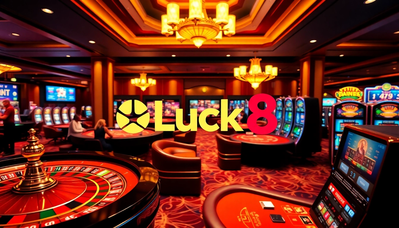 Thrilling casino experience with Luck8 logo, players engaged at roulette and blackjack tables