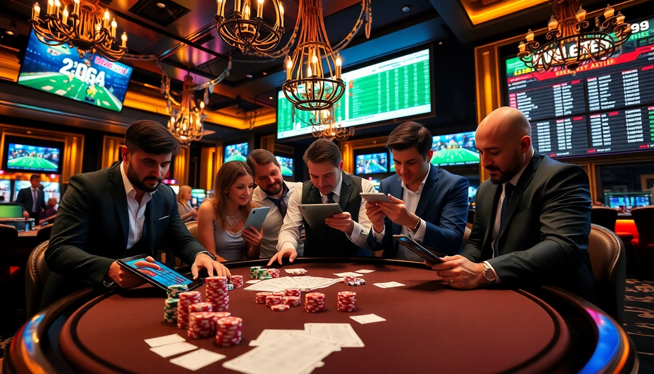 Parieurs enthousiastes examinant la liste des paris sportifs dans un casino luxueux.