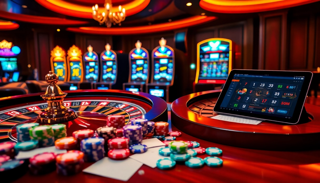 Engaging scene illustrating a site de paris sportif nouveau with gambling elements like roulette, betting slips, and poker chips.