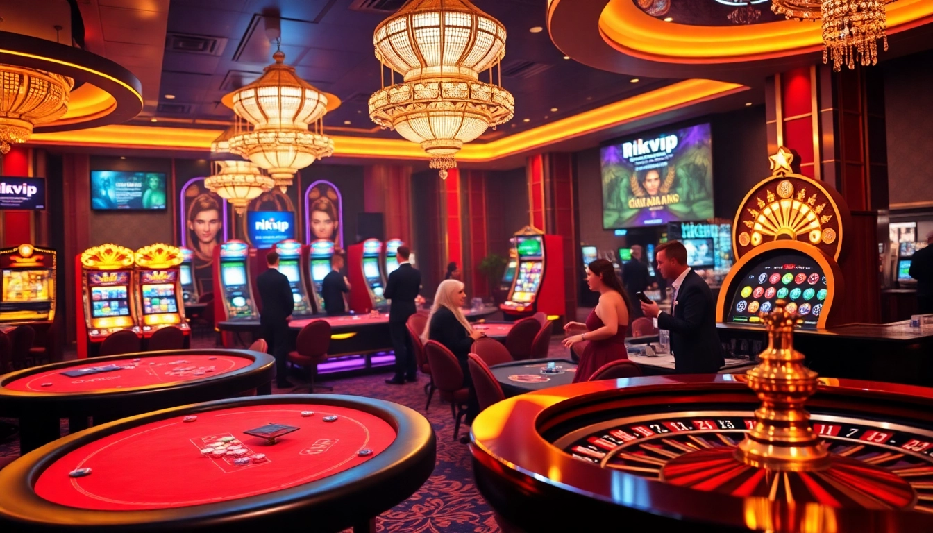 Experience thrilling gameplay at rikvip with vibrant casino tables and glowing slot machines.