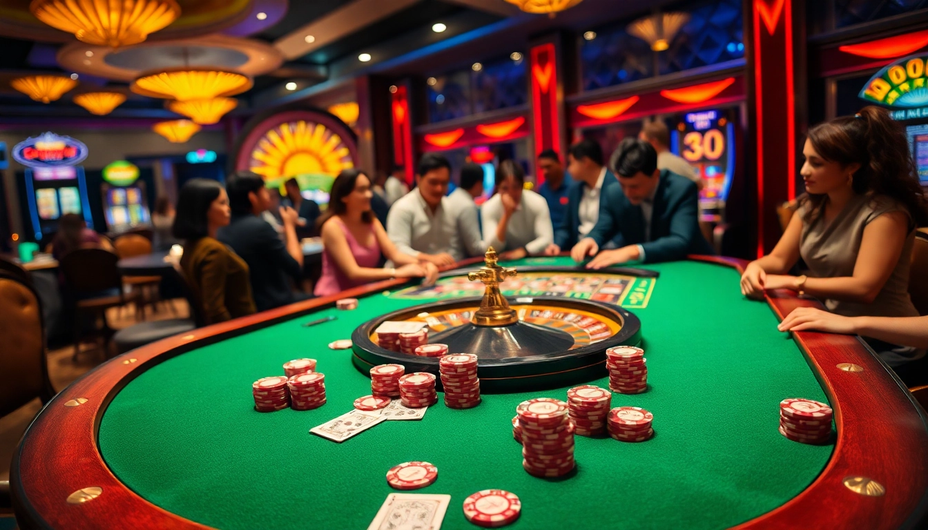 Bidding at a lively casino table featuring bạch thủ lô kép strategies with vibrant poker chips and roulette.