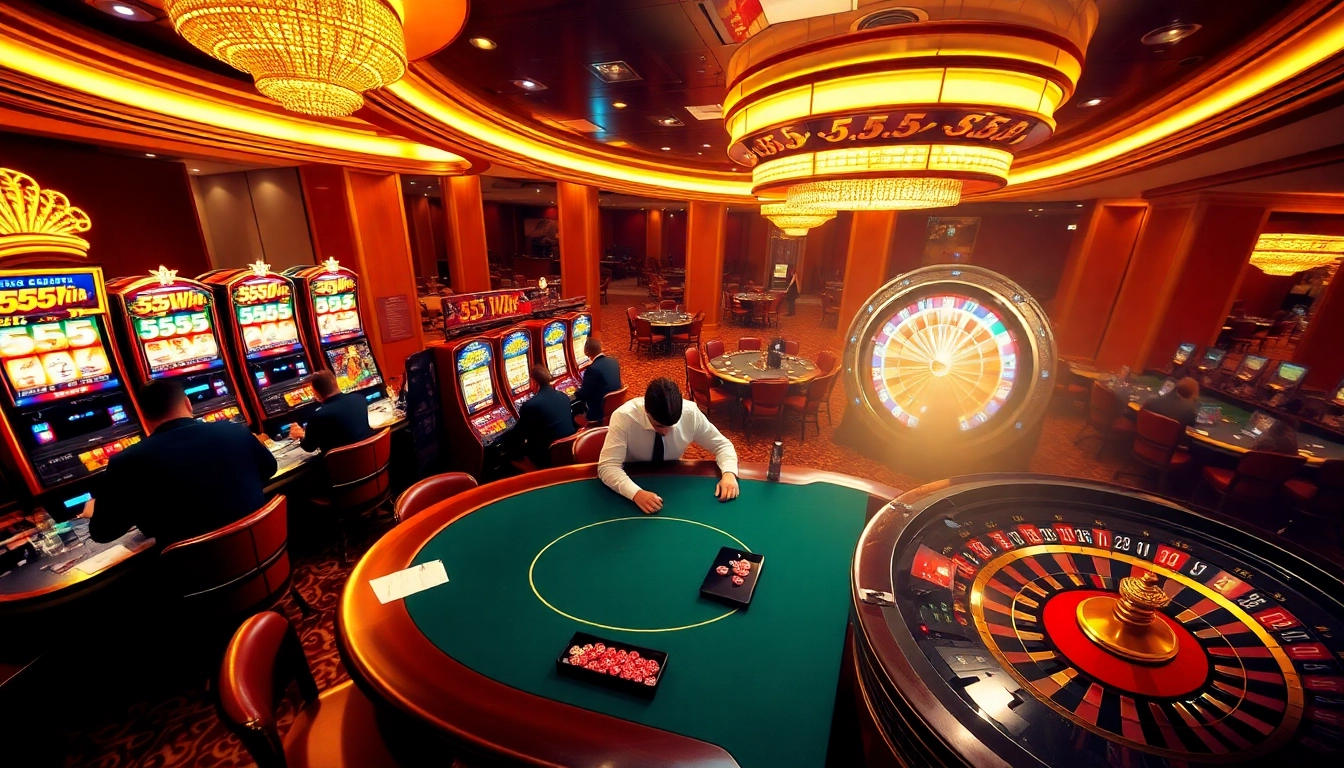 Experience the thrill of winning at 555 win casino with vibrant slot machines and a bustling poker table.