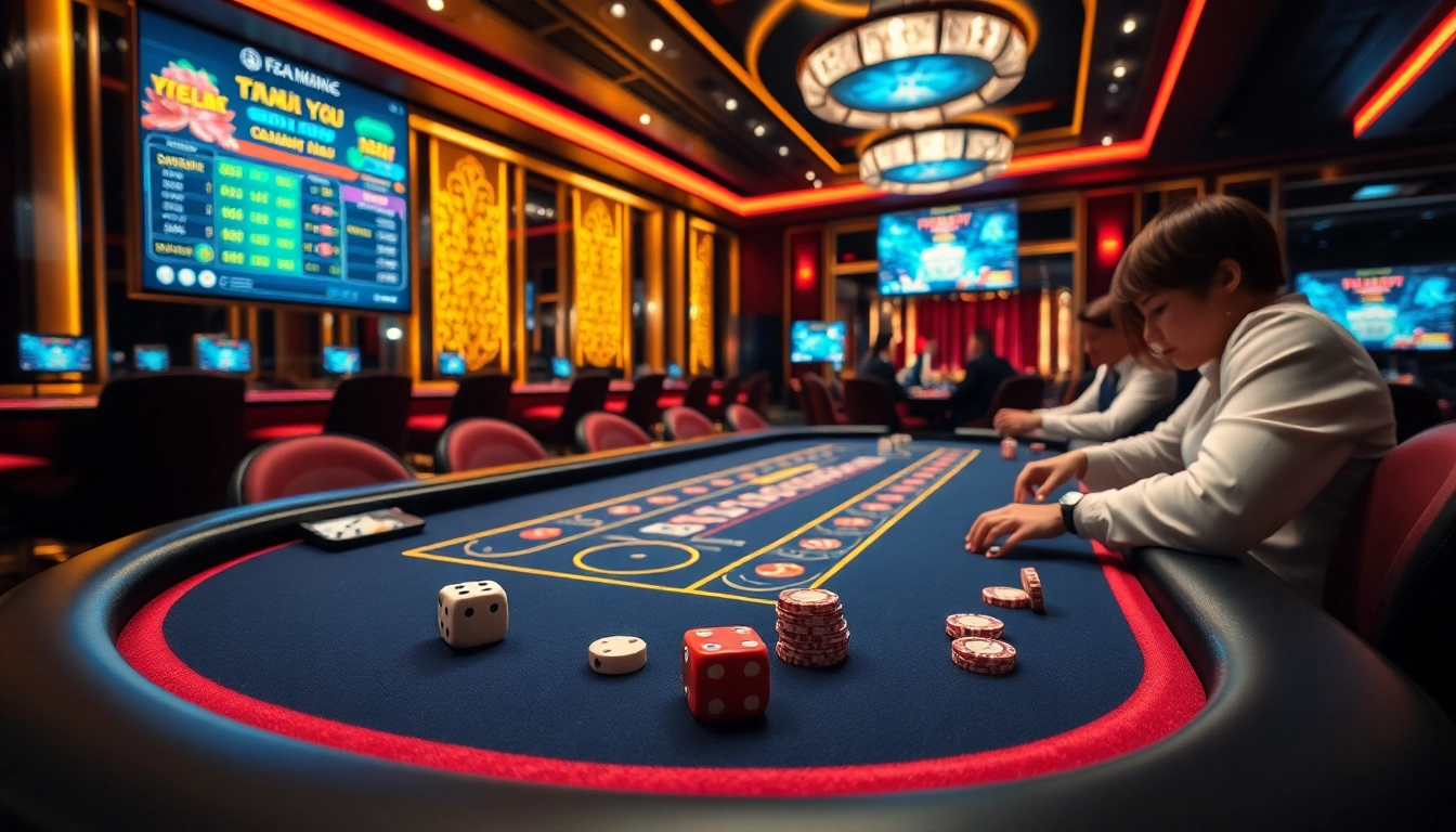 Tài xỉu online game setting with players engaging in high-stakes betting at a luxurious casino table.