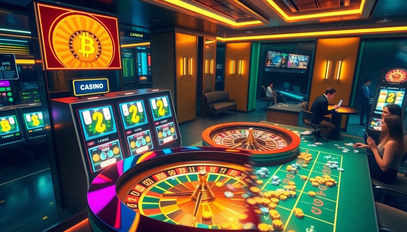 Exciting online gambling scene showcasing casino crypto en ligne with digital slot machines and roulette wheels.