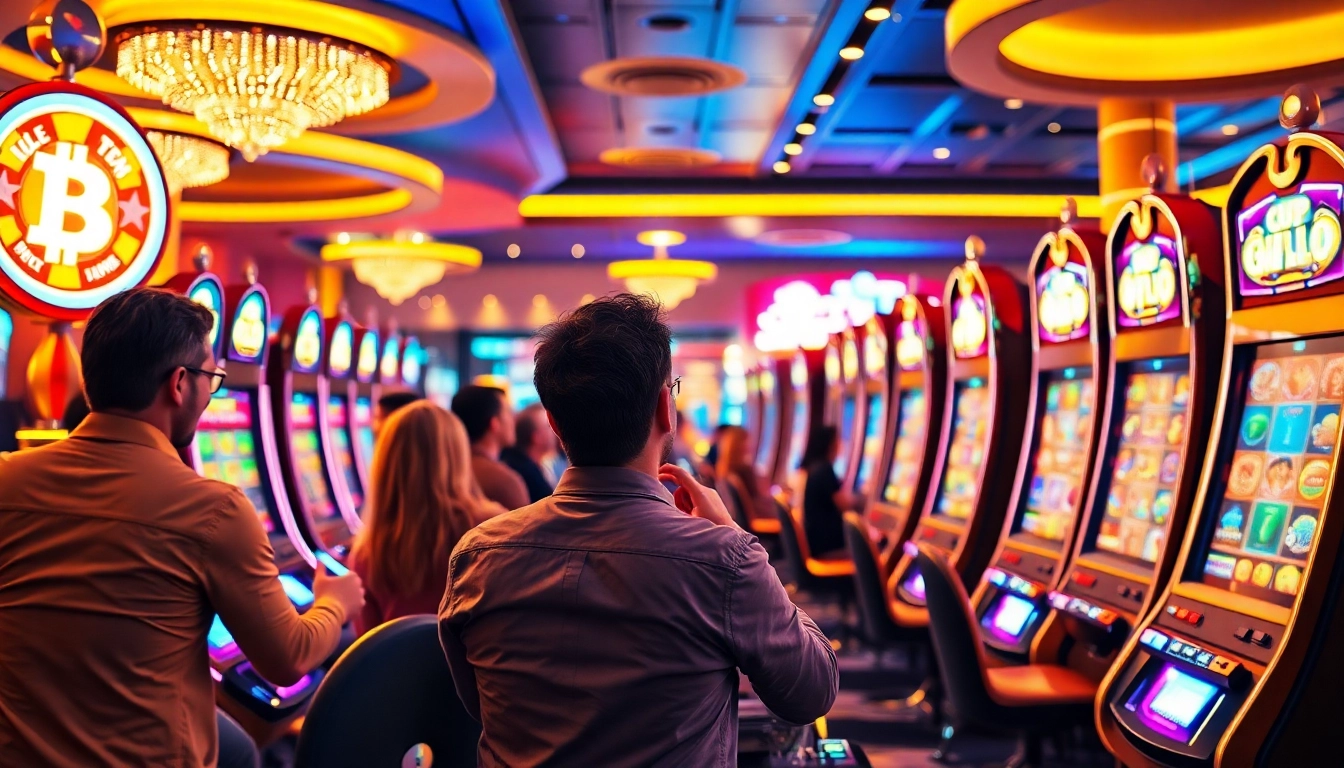 Jouez aux jeux de Bitcoin casino dans un environnement luxueux et animé.