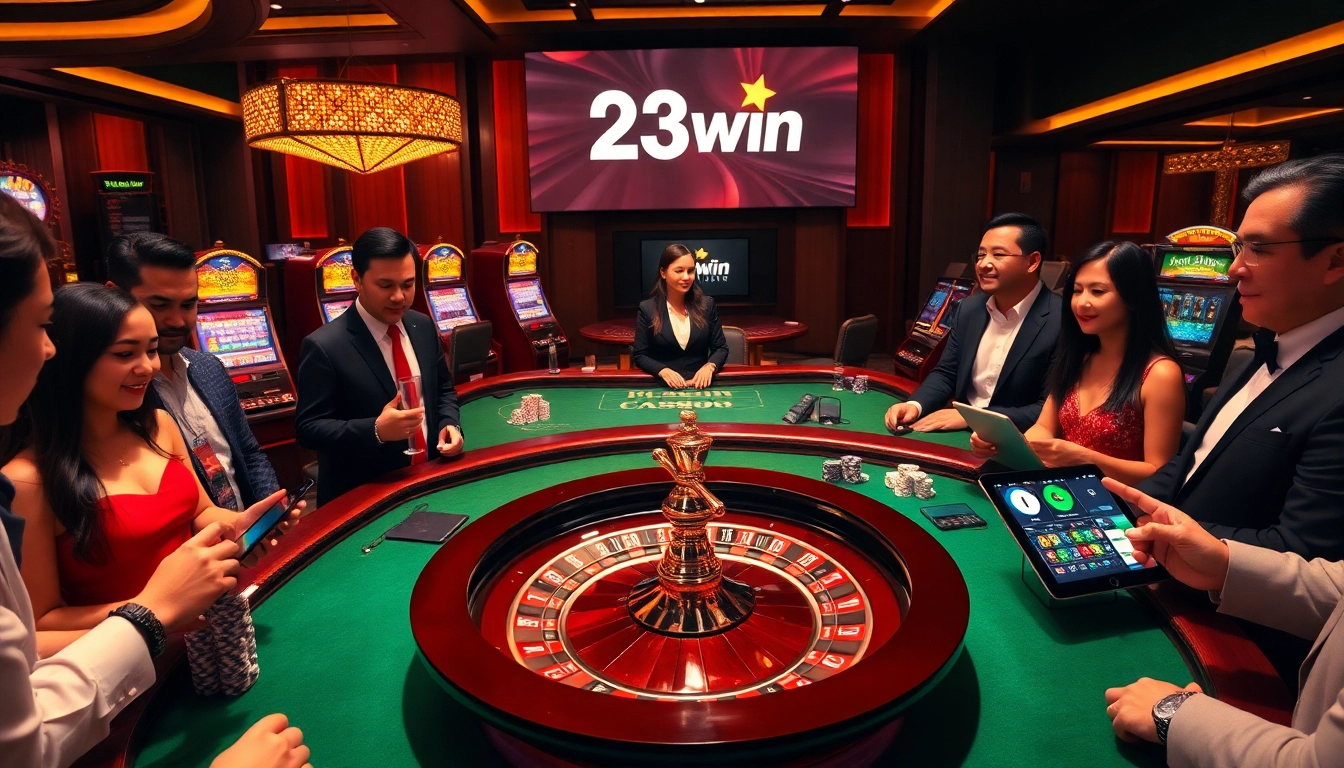 Gambling action at Nhà cái 23win casino featuring roulette, poker, and engaging players