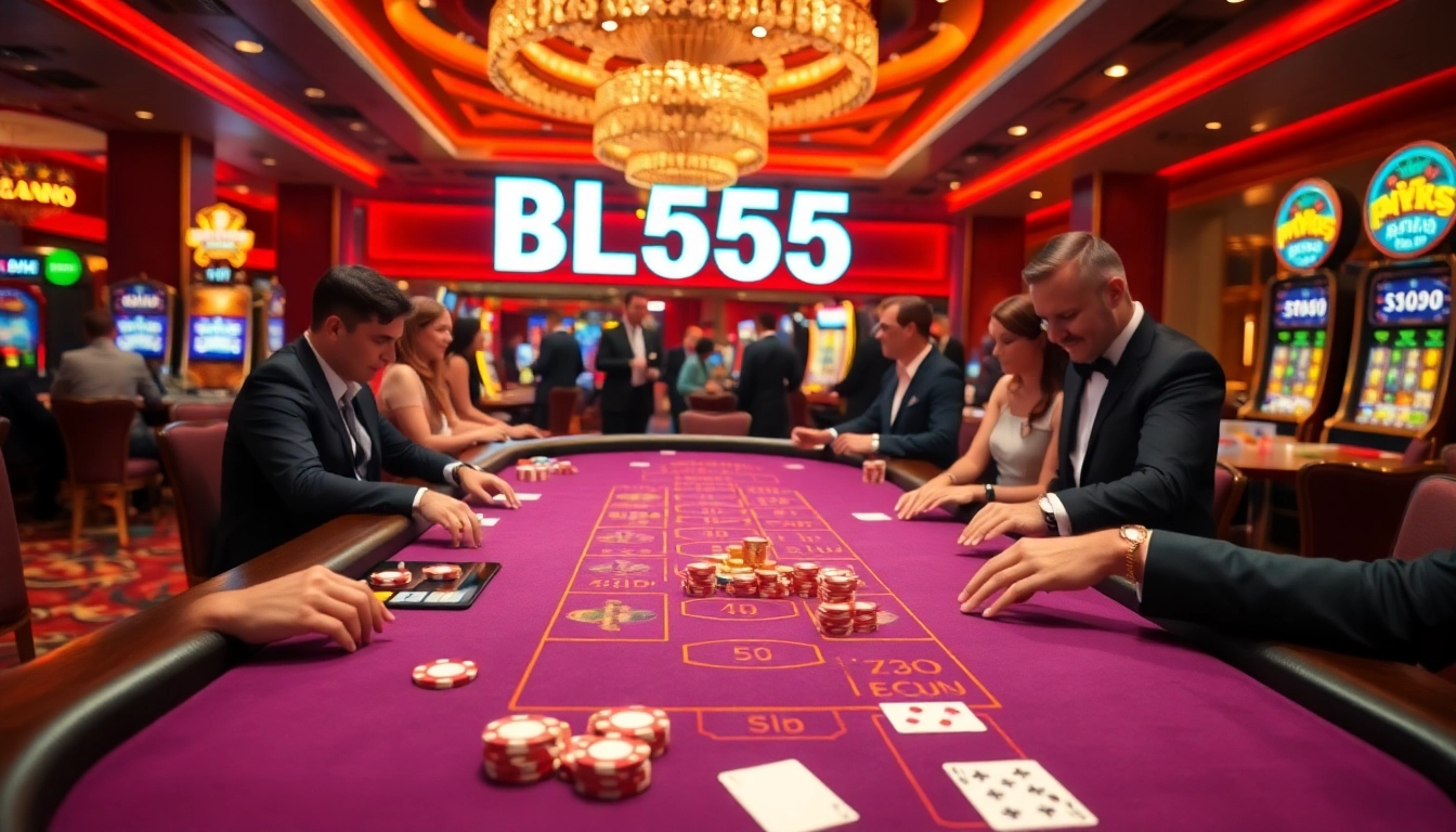 Engage with the thrilling atmosphere of BL555's luxurious casino featuring blackjack, players, and vibrant chips.
