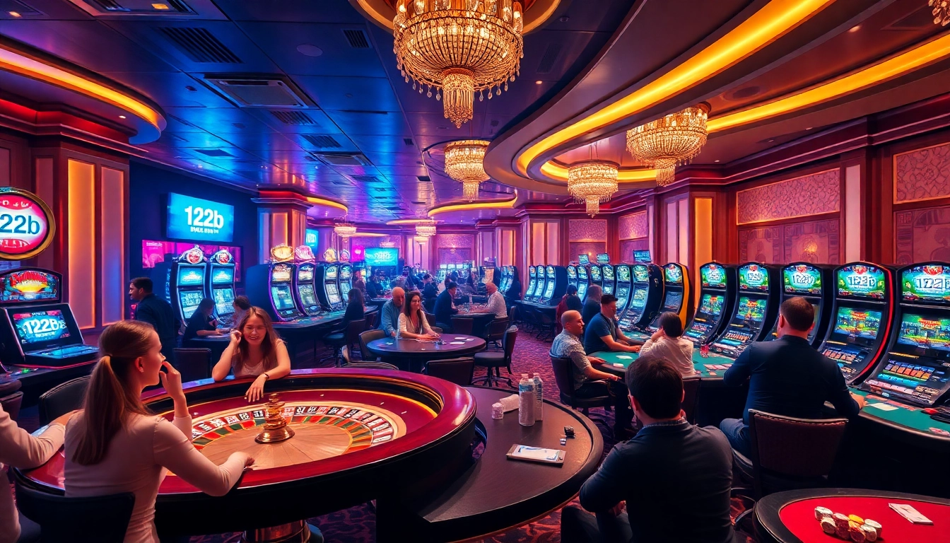 A lively casino scene with players gambling at tables and slot machines, highlighting the excitement of 123b.