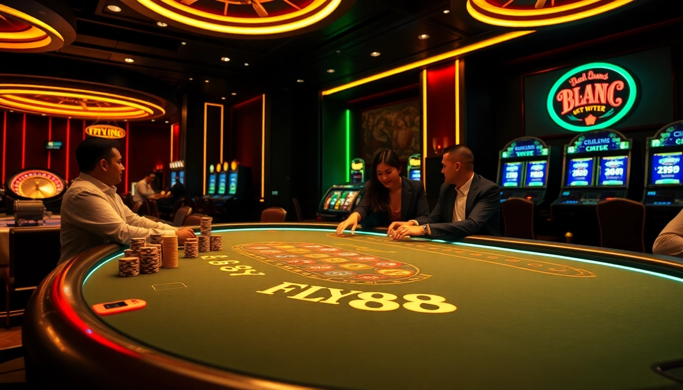 Players strategizing at the FLY88 casino table amidst vibrant poker action and neon lights.