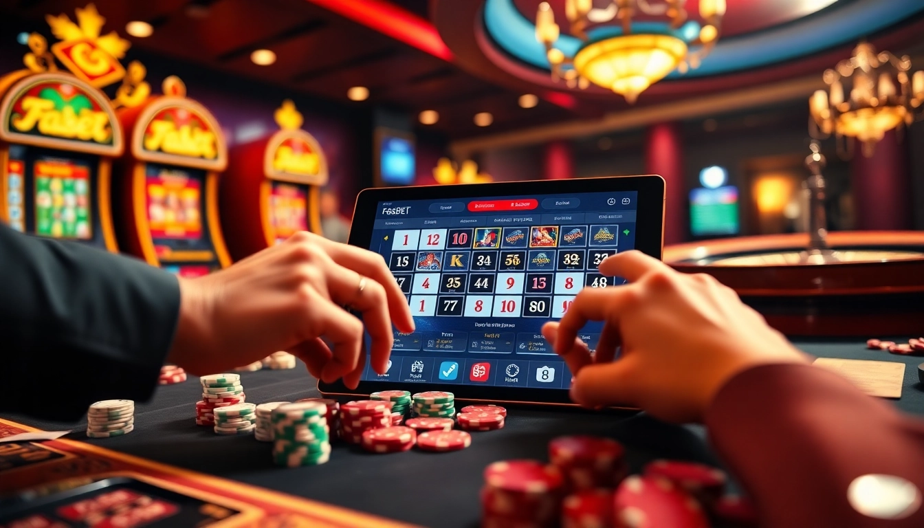 F8BET online gambling interface surrounded by poker chips and slot machines during a thrilling game.