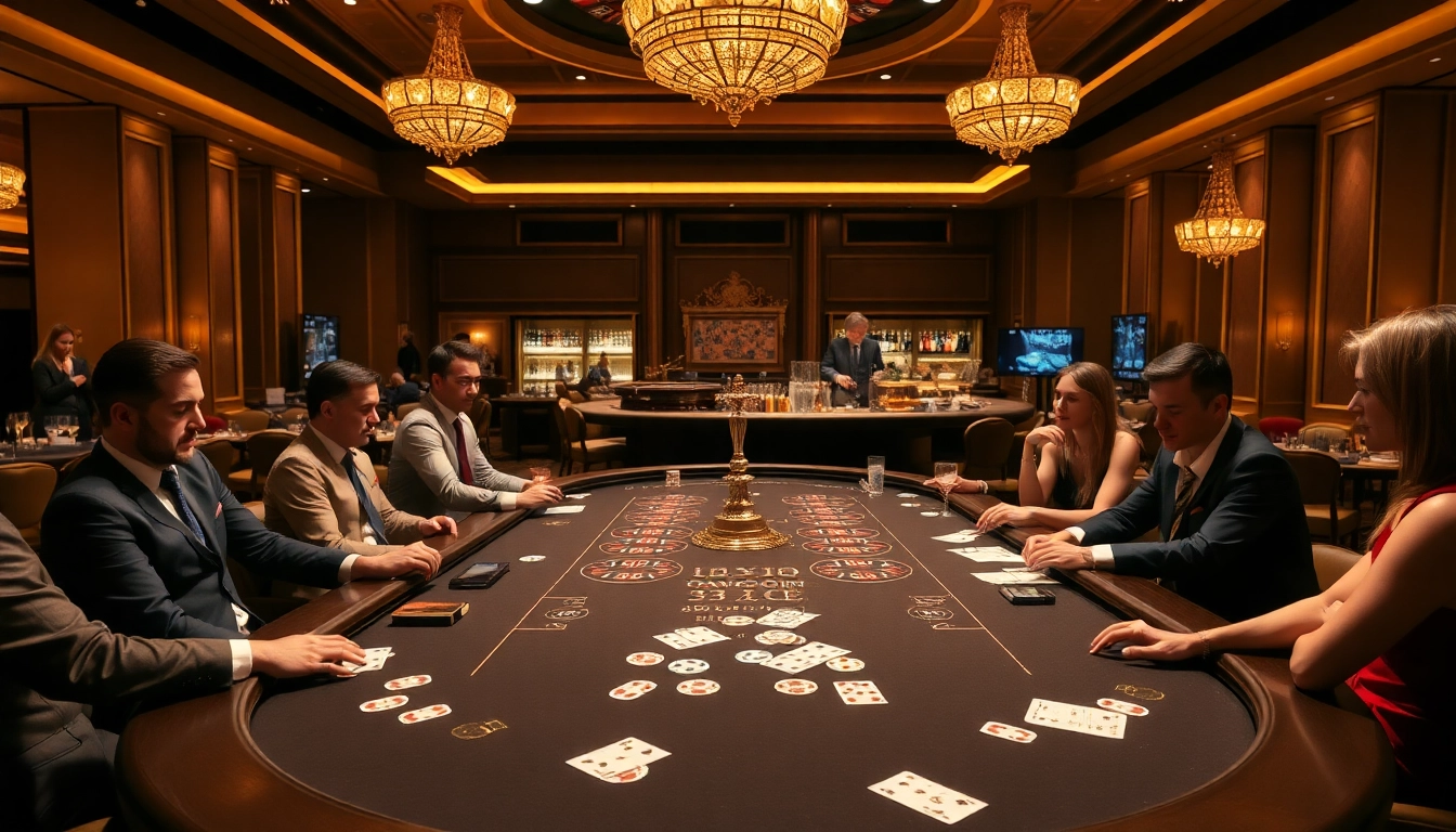 Engaging scene of TOP nhà cái uy tín with excited players at a luxurious casino table.