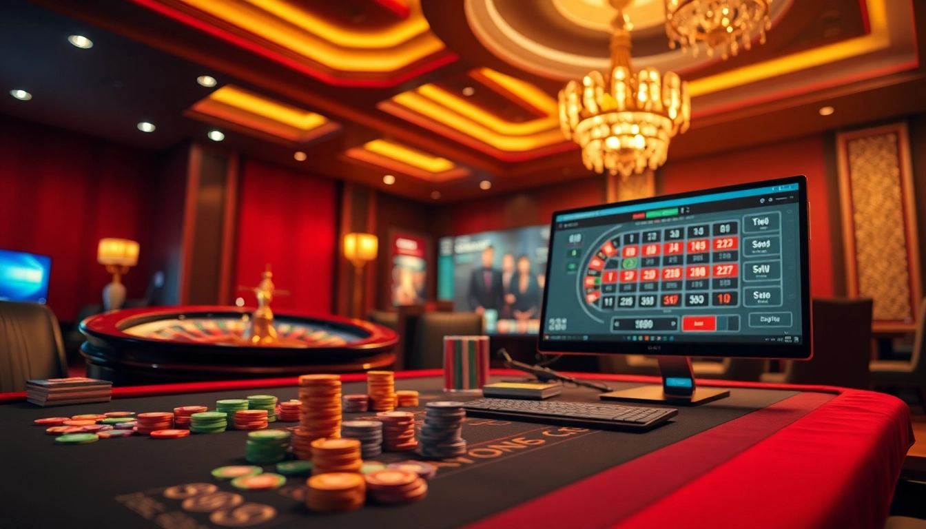 Engaging in thrilling games at Link Vào Nhà Cái 68VIP casino with vibrant tables and colorful chips.