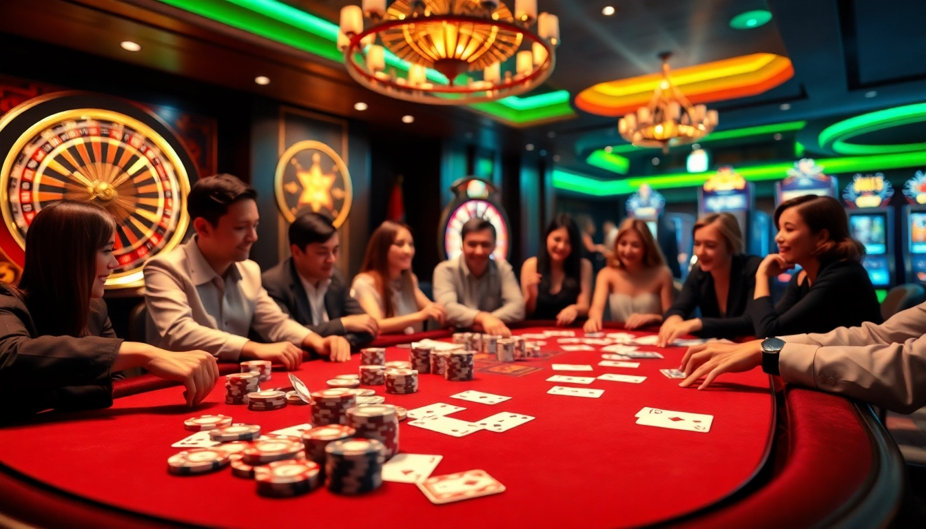 Exciting players enjoying Game bài đổi thưởng uy tín at a luxurious casino table.