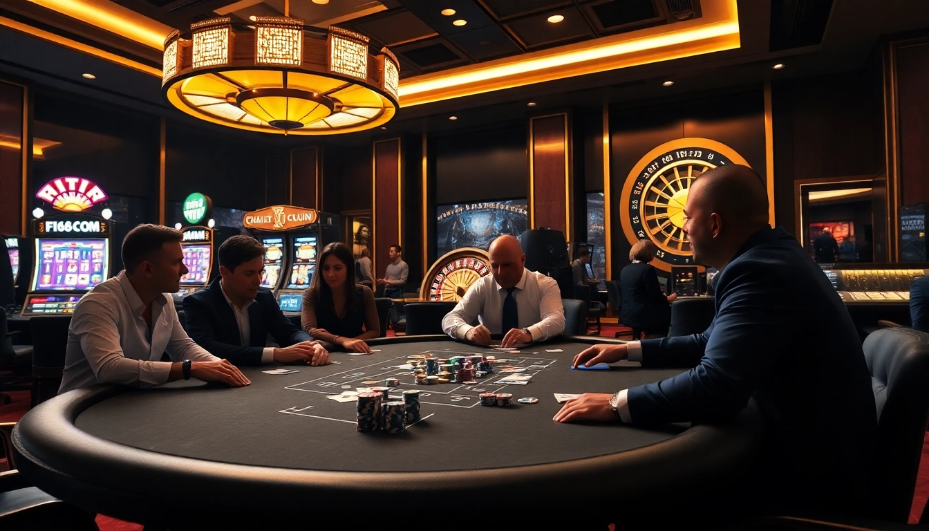A group of professional gamblers at a poker table representing strategy and excitement in F168COM casino games.