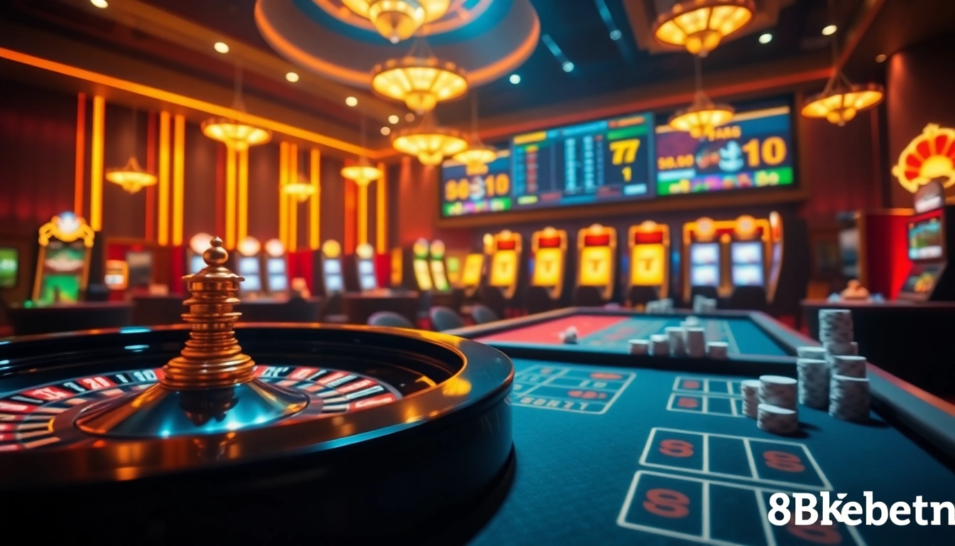 Experience excitement at 8kbet3.com with vibrant poker chips and a lively casino scene.