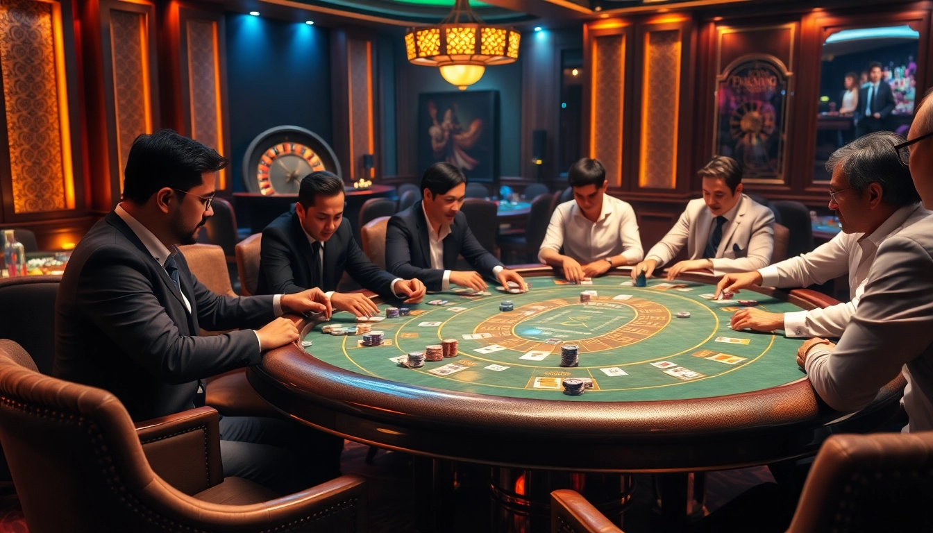 Engage in thrilling poker action at FLY88 casino, showcasing a luxurious gaming atmosphere and professional players.