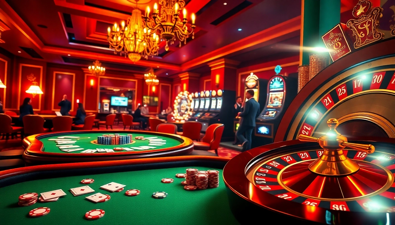 Dynamic gambling scene with poker, roulette, and slot machine reflecting https://f168.vision/ excitement.