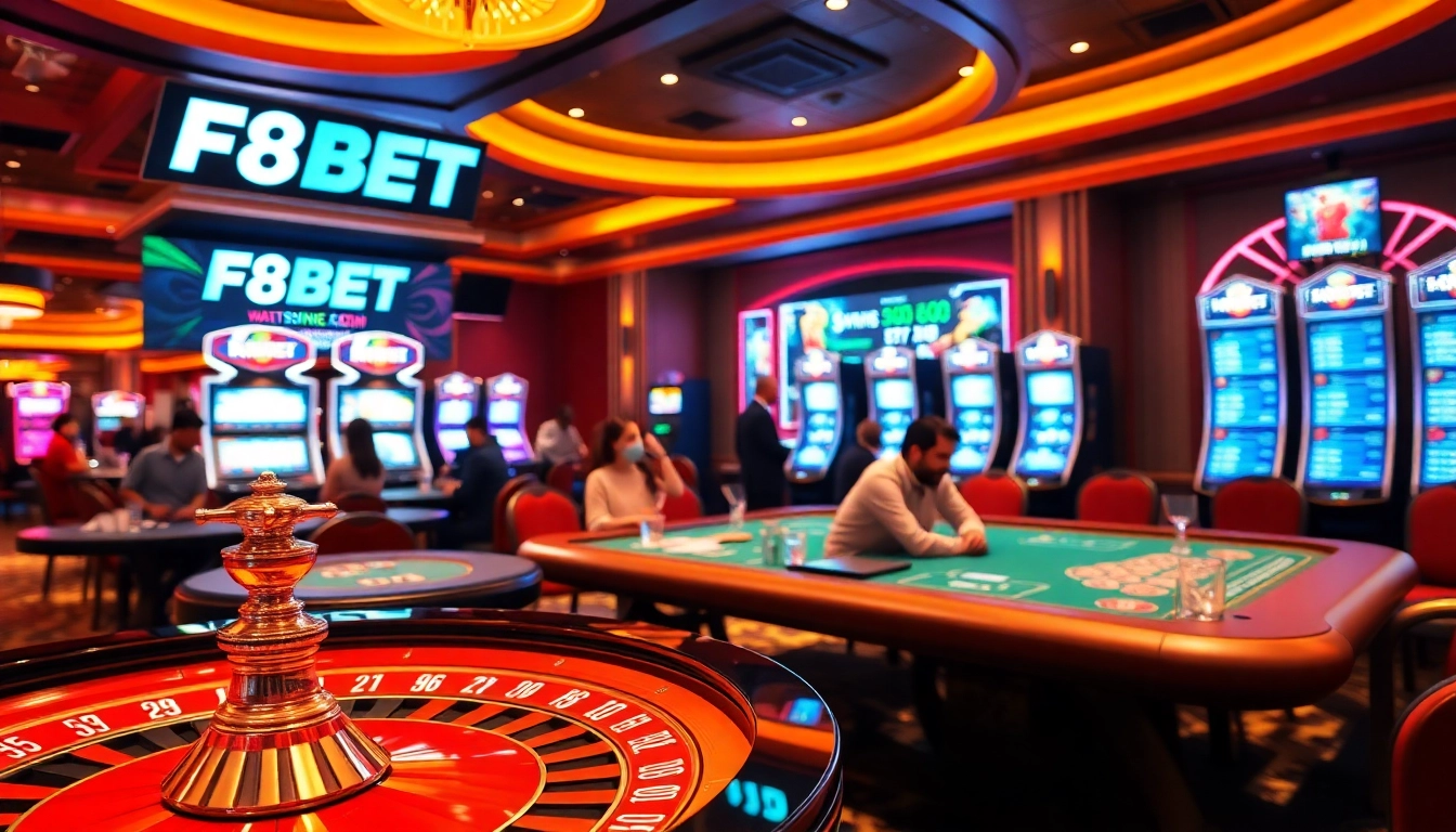 F8BET players engaging at vibrant casino tables, showcasing excitement in a luxury gaming atmosphere.