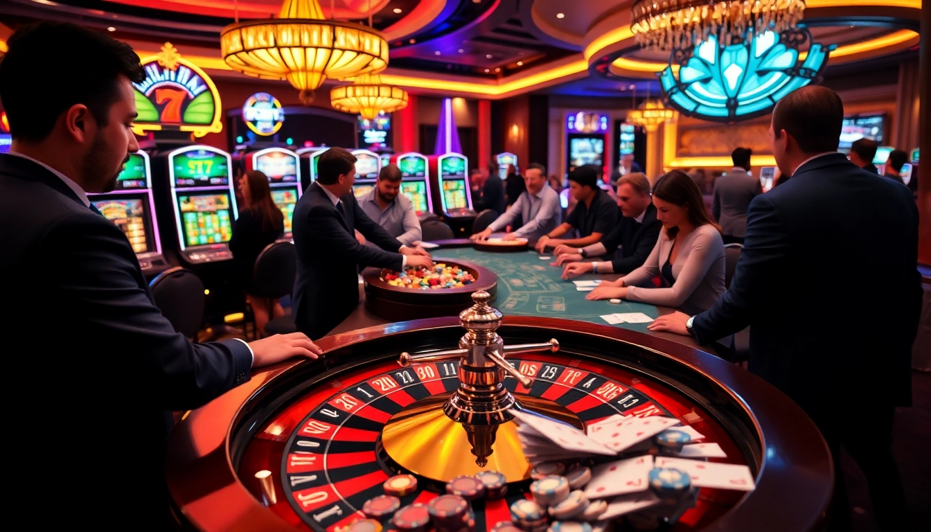 MMOO live dealer poker table with excited players, colorful slot machines, and vibrant atmosphere.