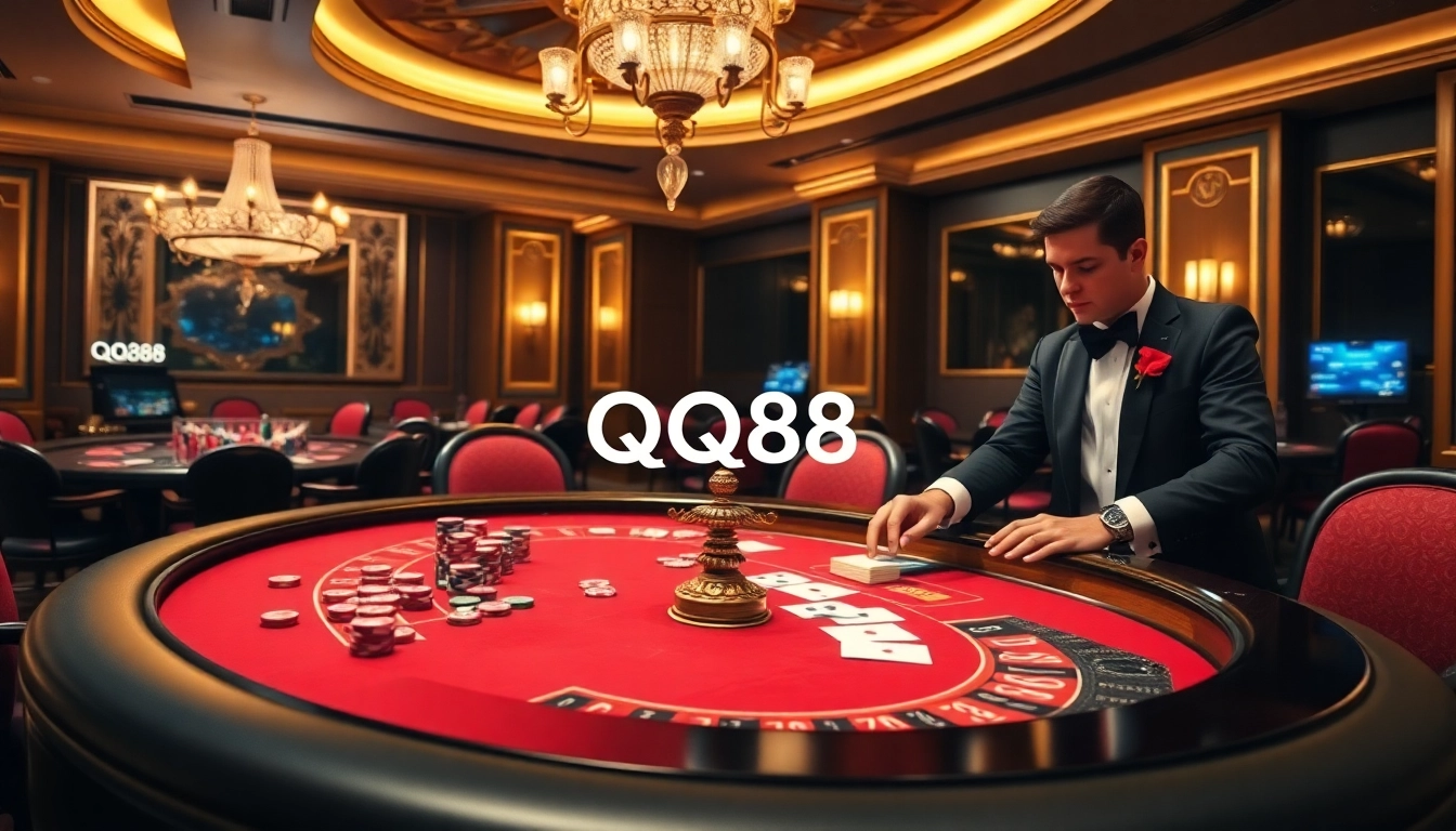Players enjoying a thrilling game at the QQ88 casino table with vibrant poker chips and roulette wheels.