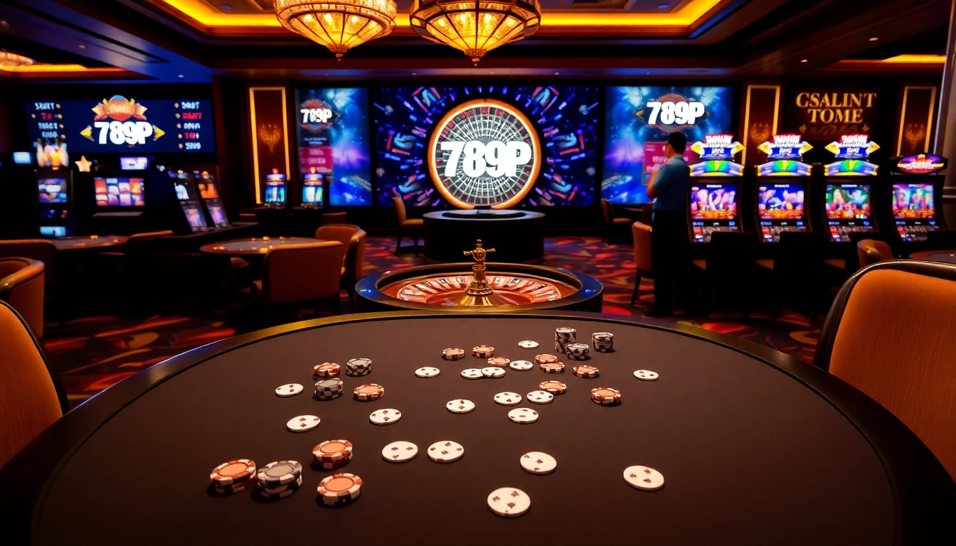 Experience the excitement of gambling at 789P with a vibrant casino scene featuring poker chips and roulette.