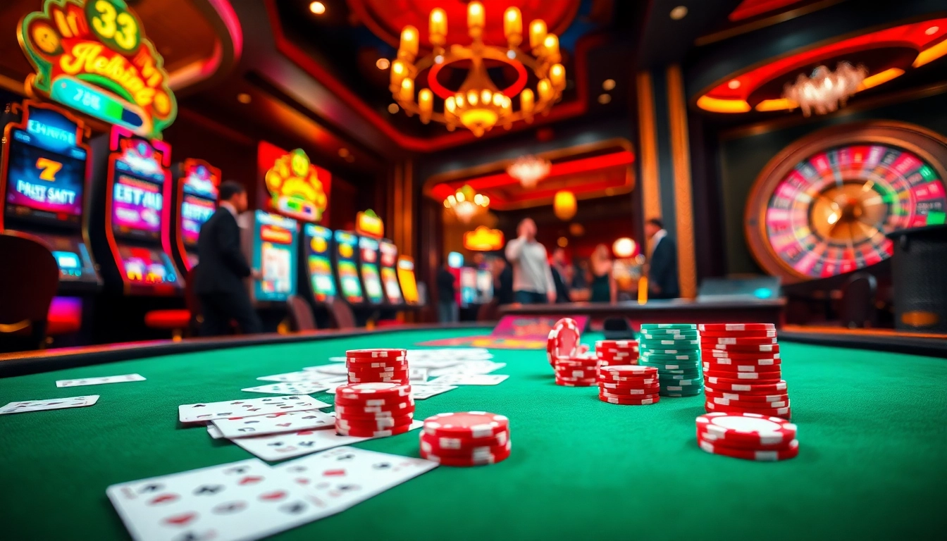 33win players enjoying a thrilling casino experience with poker chips and cards at an upscale table.