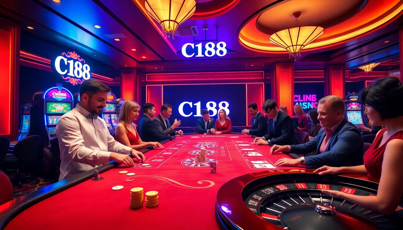 Experience thrilling gameplay at C168, featuring vibrant casino tables and excited players.